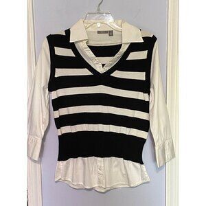 Divided Layered Look Vest Shirt Twofer Black & White 3/4 Sleeves Women's Small